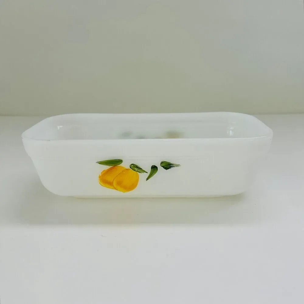 FIRE KING Gay Fad White Milk Glass Hand Painted Peach Fruit Pattern Loaf Pan